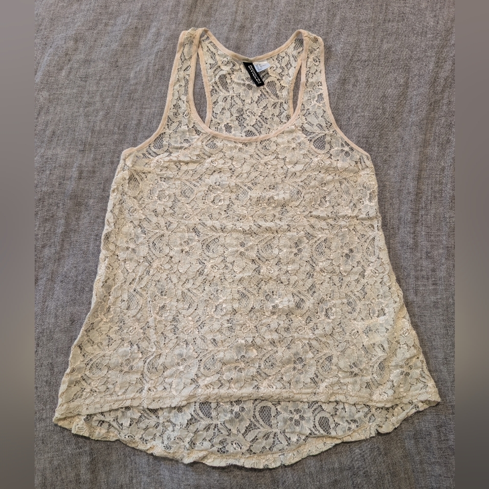 H&M Divided High-Low Racerback Lace Tunic Tank Top Cream Size 2